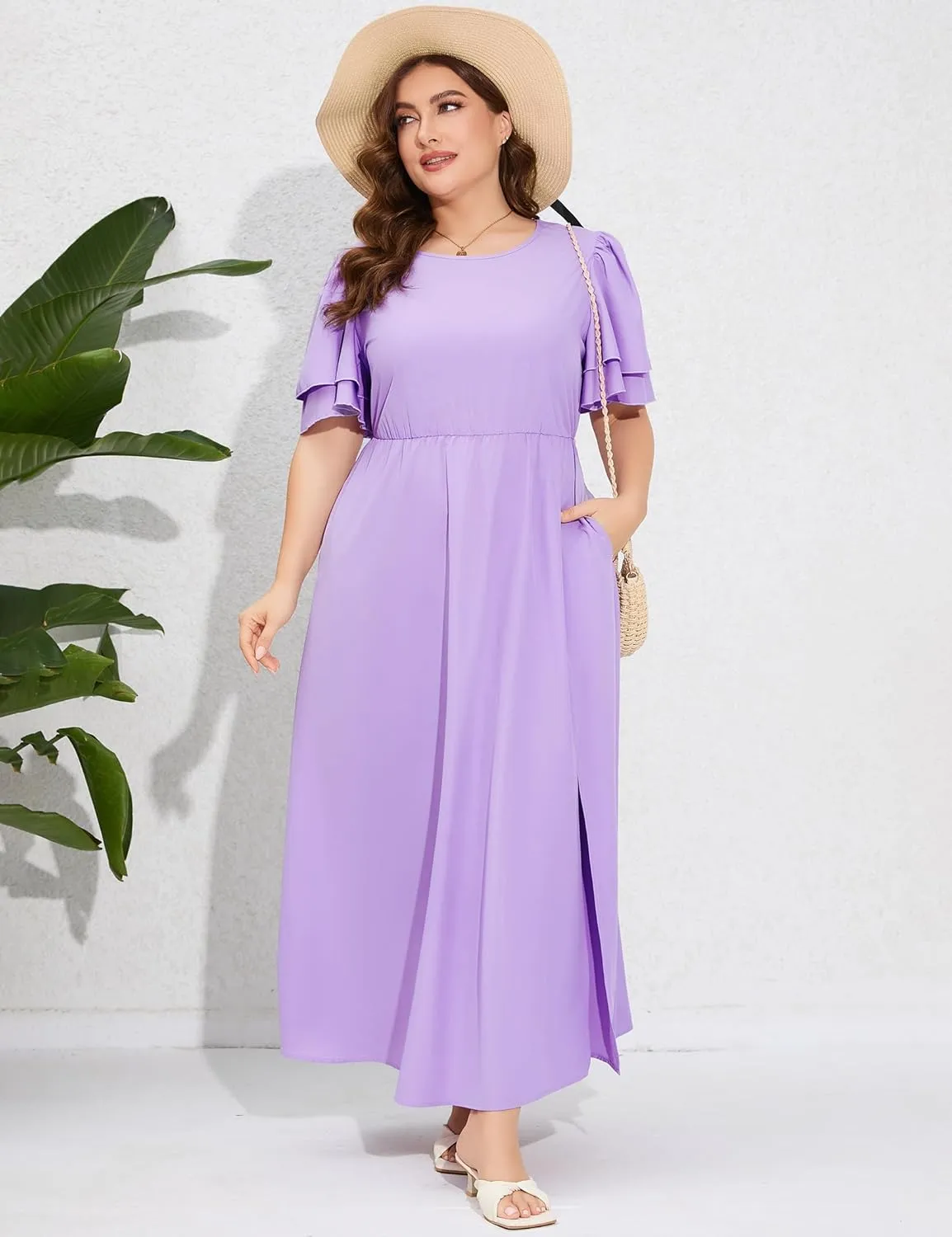 ShopWonder Women Plus Size Maxi Dress Round Neck Ruffle Short Sleeves High Waist Split Summer Casual Dress with Pockets