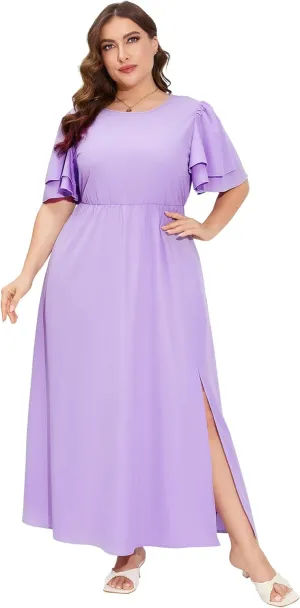 ShopWonder Women Plus Size Maxi Dress Round Neck Ruffle Short Sleeves High Waist Split Summer Casual Dress with Pockets
