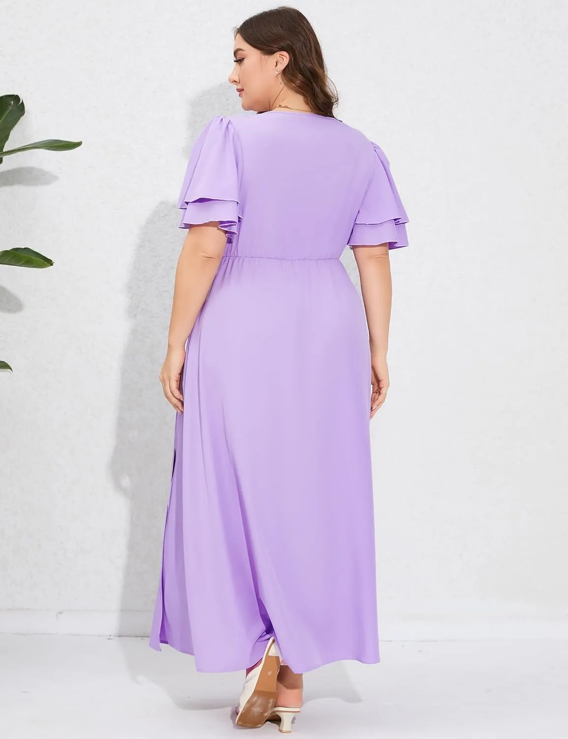 ShopWonder Women Plus Size Maxi Dress Round Neck Ruffle Short Sleeves High Waist Split Summer Casual Dress with Pockets