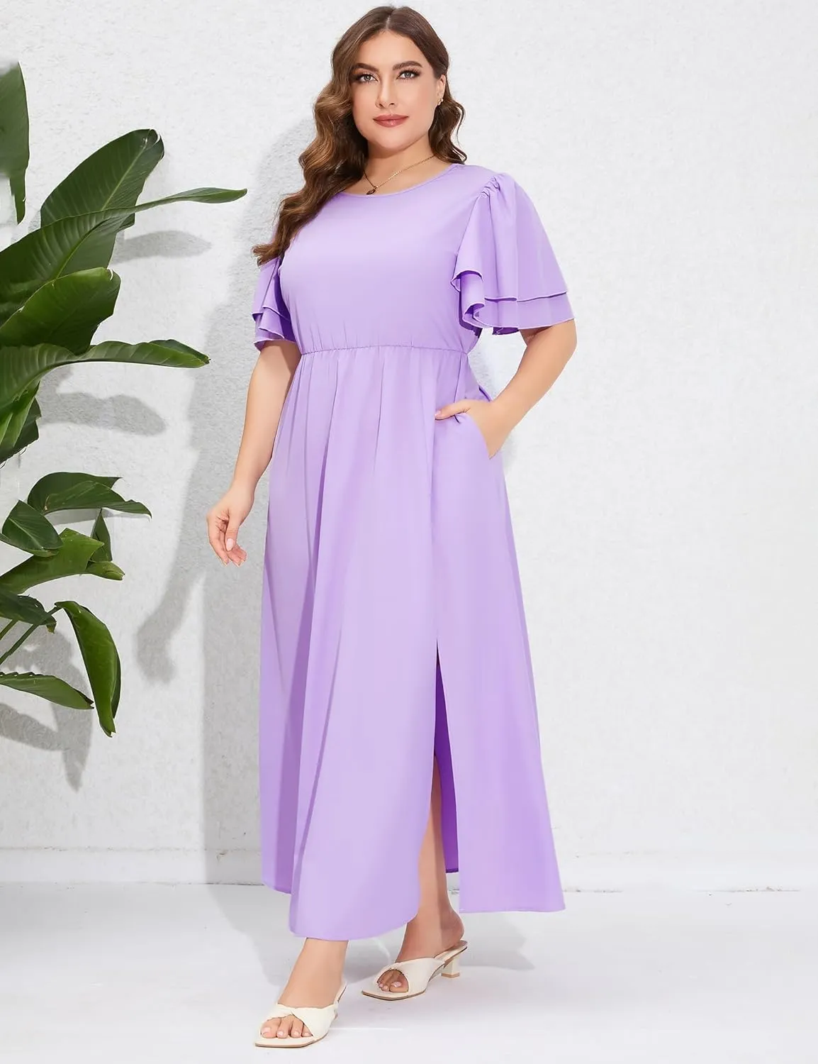 ShopWonder Women Plus Size Maxi Dress Round Neck Ruffle Short Sleeves High Waist Split Summer Casual Dress with Pockets