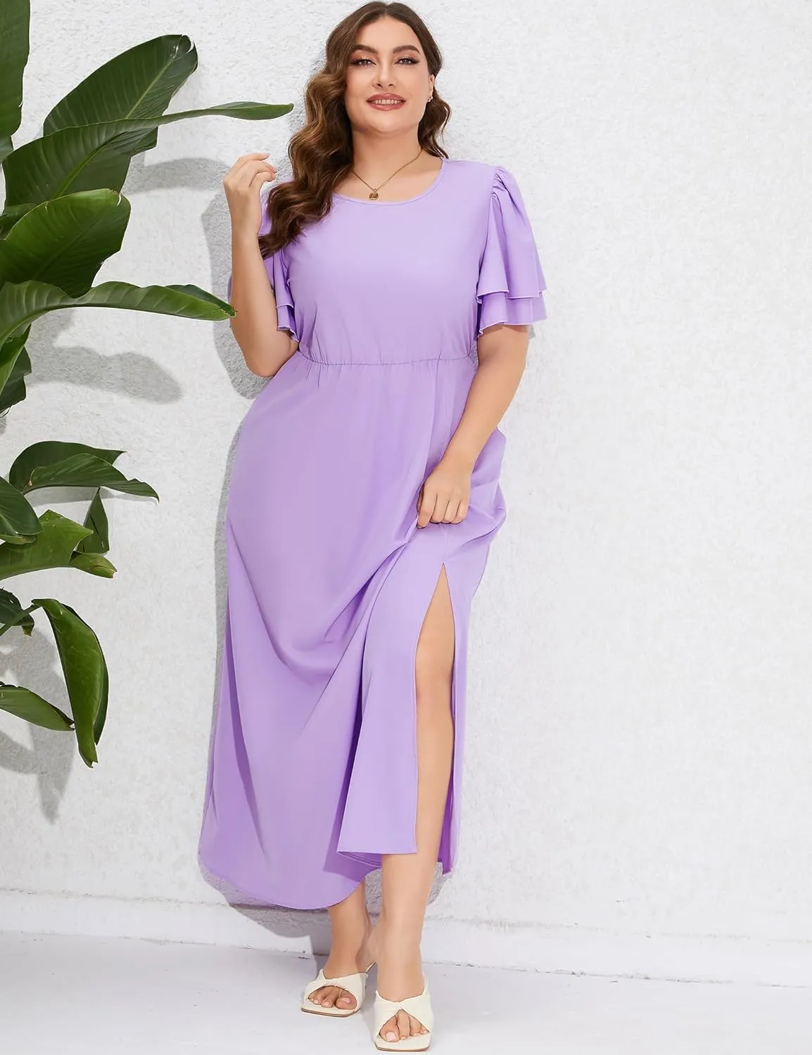 ShopWonder Women Plus Size Maxi Dress Round Neck Ruffle Short Sleeves High Waist Split Summer Casual Dress with Pockets