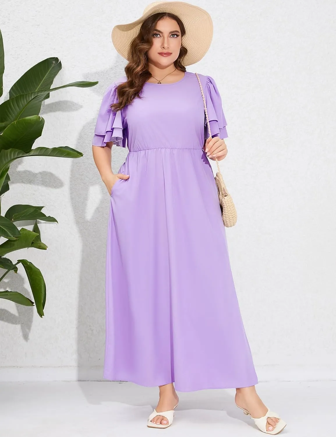 ShopWonder Women Plus Size Maxi Dress Round Neck Ruffle Short Sleeves High Waist Split Summer Casual Dress with Pockets