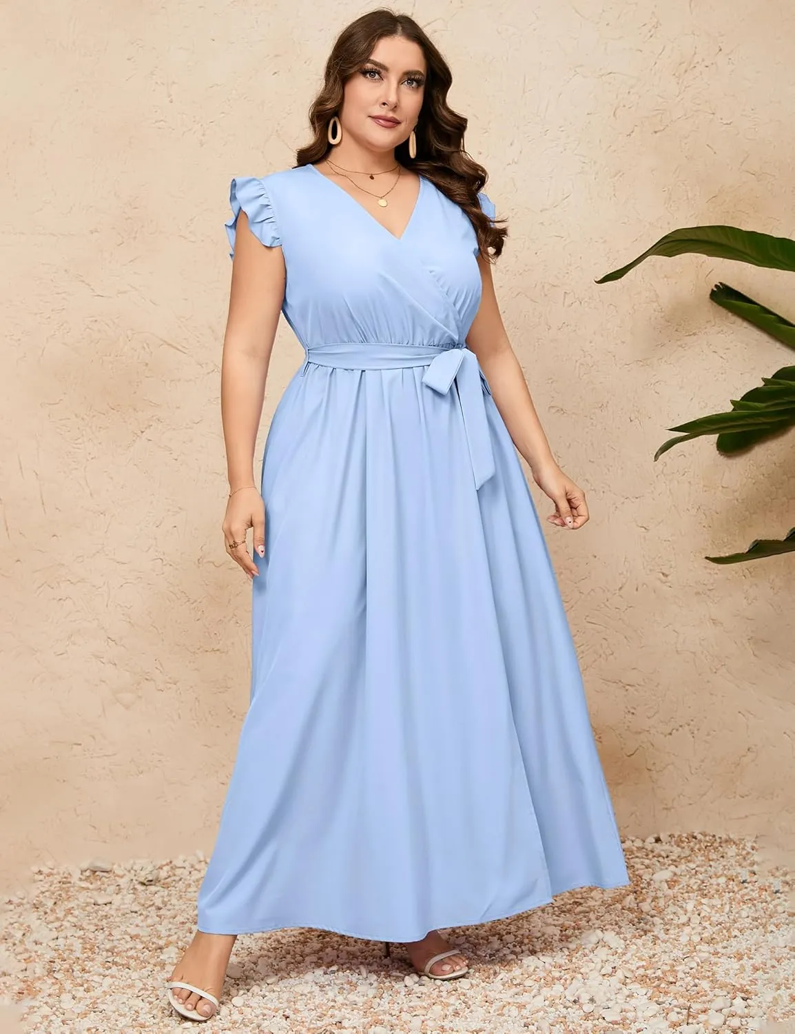 ShopWonder Women Plus Size Wrap V Neck Maxi Dress Sleeveless High Waist Side Split Summer Casual Dress with Belt