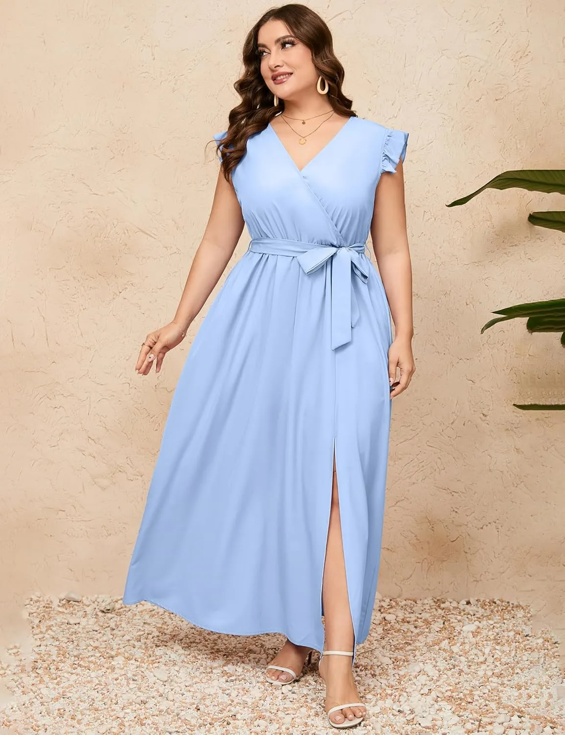 ShopWonder Women Plus Size Wrap V Neck Maxi Dress Sleeveless High Waist Side Split Summer Casual Dress with Belt