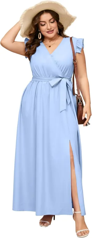 ShopWonder Women Plus Size Wrap V Neck Maxi Dress Sleeveless High Waist Side Split Summer Casual Dress with Belt