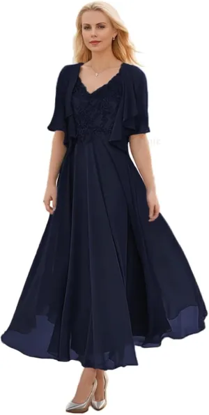 SIPUHK Women's 2 Pieces Mother of The Bride Dresses for Wedding Tea Length Lace Applique Short Sleeve Formal Gown with Jacket