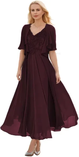 SIPUHK Women's 2 Pieces Mother of The Bride Dresses for Wedding Tea Length Lace Applique Short Sleeve Formal Gown with Jacket