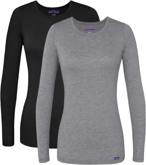 Sivvan Scrubs for Women - Long Sleeve Comfort Underscrub Tee Multicolor 2-Pack - S85002M - Black/Dark Marl Gray - M