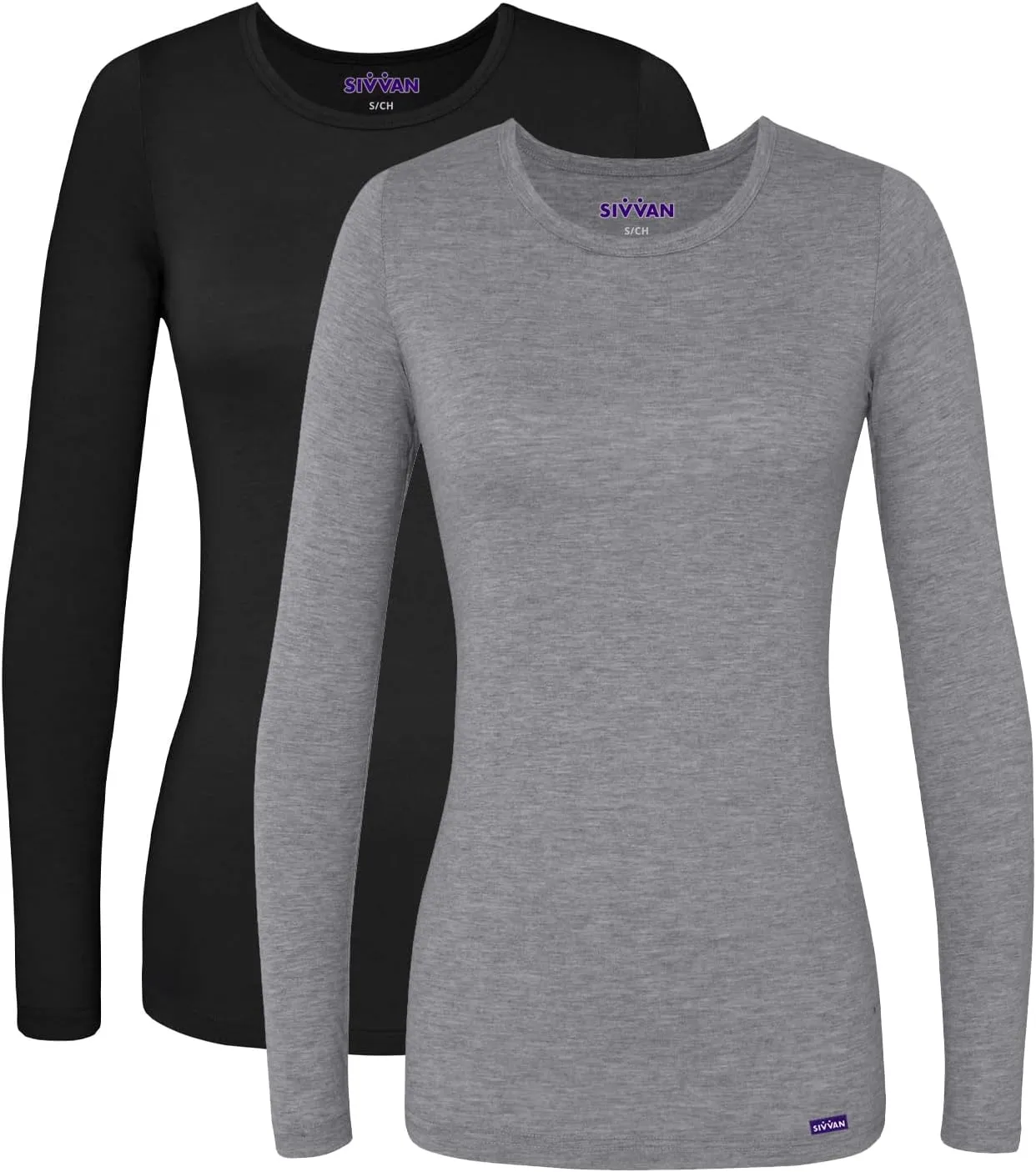 Sivvan Scrubs for Women - Long Sleeve Comfort Underscrub Tee Multicolor 2-Pack - S85002M - Black/Dark Marl Gray - M