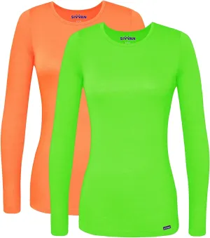 Sivvan Scrubs for Women - Long Sleeve Comfort Underscrub Tee Multicolor 2-Pack - S85002M - Neon Orange/Neon Lime Green - S
