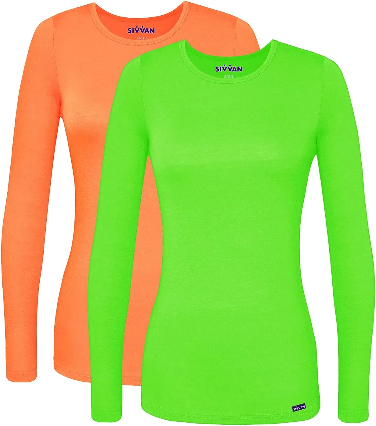 Sivvan Scrubs for Women - Long Sleeve Comfort Underscrub Tee Multicolor 2-Pack - S85002M - Neon Orange/Neon Lime Green - S