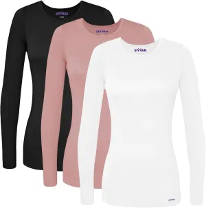 Sivvan Scrubs for Women - Long Sleeve Comfort Underscrub Tee Multicolor 3-Pack - S85003M - Black/Blush/White - XXS