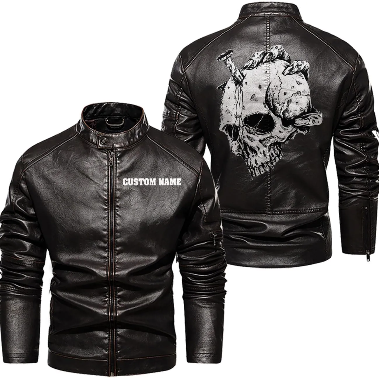 Skull On Hand| Gothic Skull Biker Motorcycle Jacket| Personalized Men PU Leather Vest Jacket Coat