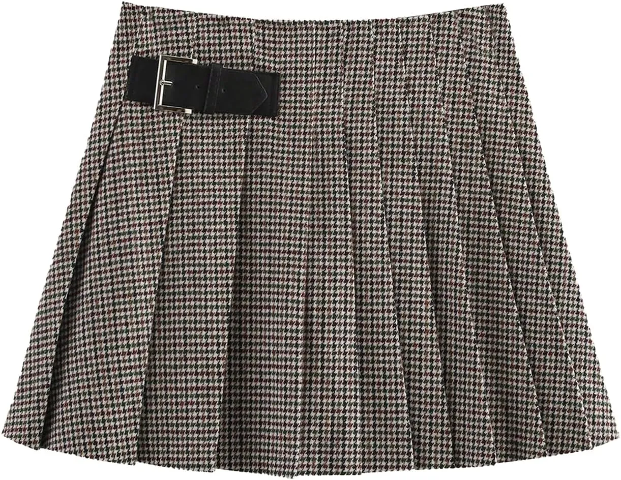 SOLY HUX Women's Houndstooth Print Pleated Skirt High Waisted A Line Mini Skirts