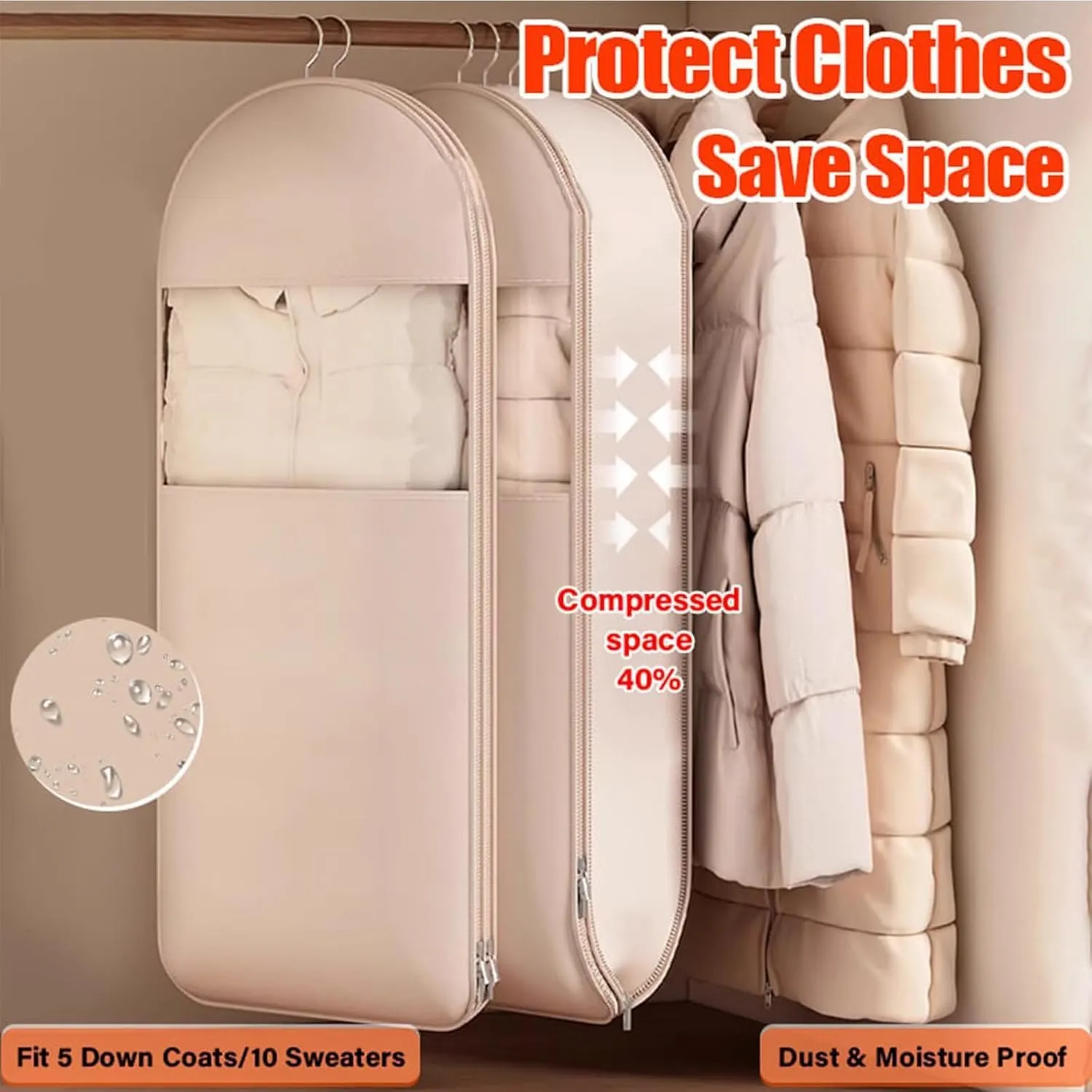 Space Saving Hanging Garment Bag with Self Compression Zipper, Garment Bags for Hanging Clothes, Dust Cover Clothes Bags for Down Coat (Pink, Medium 35 inch)