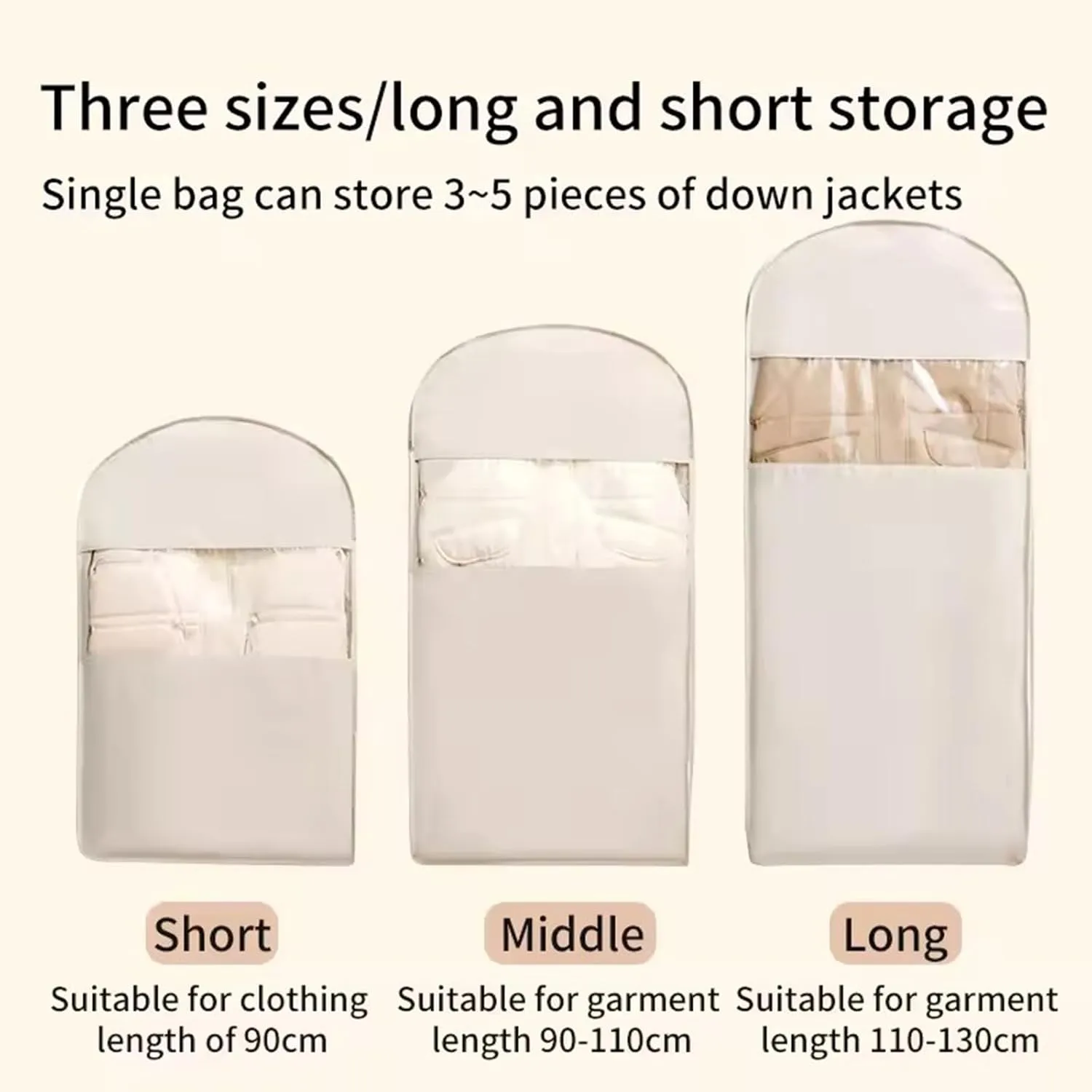 Space Saving Hanging Garment Bag with Self Compression Zipper, pace Saver Hanging Garment Bags for Closet Storage, Heavy Duty Dust Cover Garment Bag for Down Coat (Beige,L)