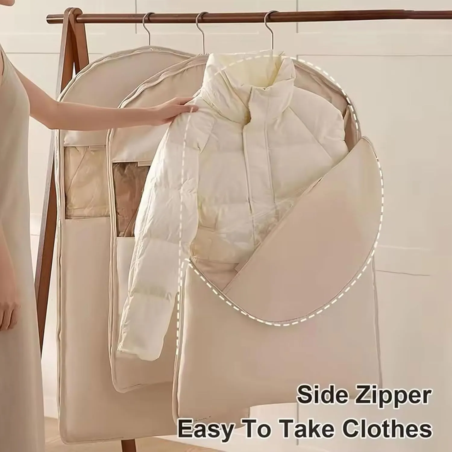 Space Saving Hanging Garment Bag with Self Compression Zipper, pace Saver Hanging Garment Bags for Closet Storage, Heavy Duty Dust Cover Garment Bag for Down Coat (Beige,L)