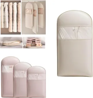 Space Saving Hanging Garment Bag with Self Compression Zipper, pace Saver Hanging Garment Bags for Closet Storage, Heavy Duty Dust Cover Garment Bag for Down Coat (Beige,L)