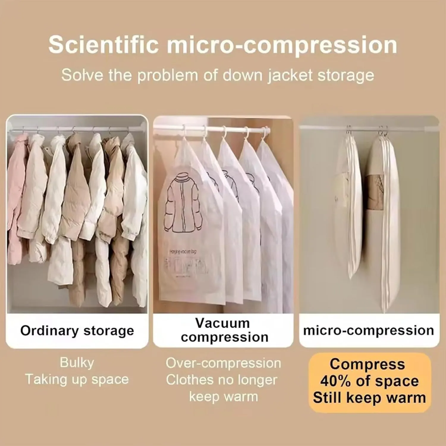 Space Saving Hanging Garment Bag with Self Compression Zipper, pace Saver Hanging Garment Bags for Closet Storage, Heavy Duty Dust Cover Garment Bag for Down Coat (Beige,L)