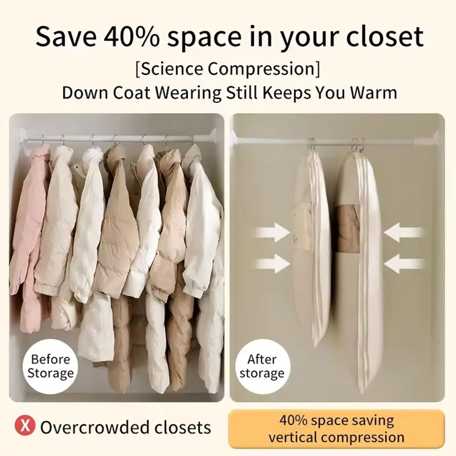Space Saving Hanging Garment Bag with Self Compression Zipper, pace Saver Hanging Garment Bags for Closet Storage, Heavy Duty Dust Cover Garment Bag for Down Coat (Beige,L)