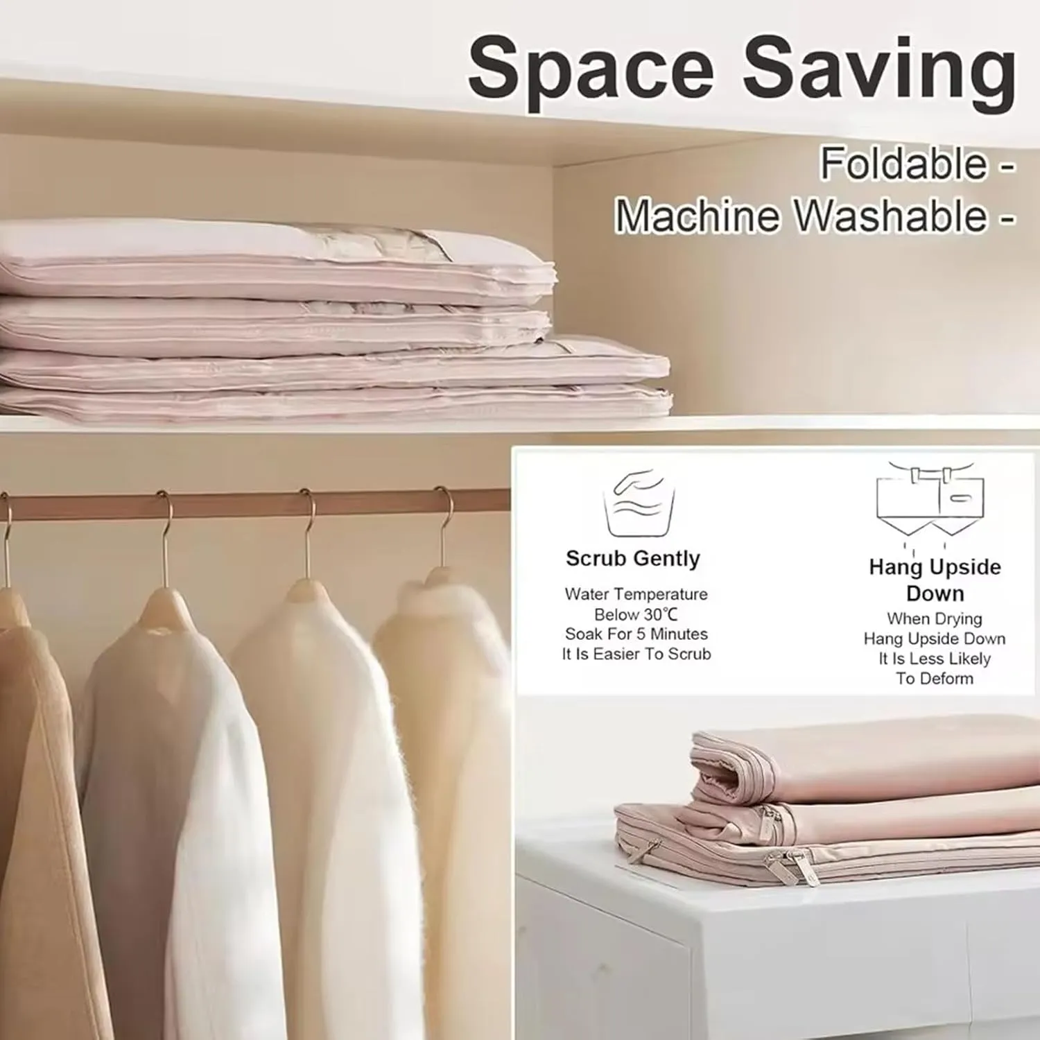 Space Saving Hanging Garment Bag with Self Compression Zipper, pace Saver Hanging Garment Bags for Closet Storage, Heavy Duty Dust Cover Garment Bag for Down Coat (Beige,L)