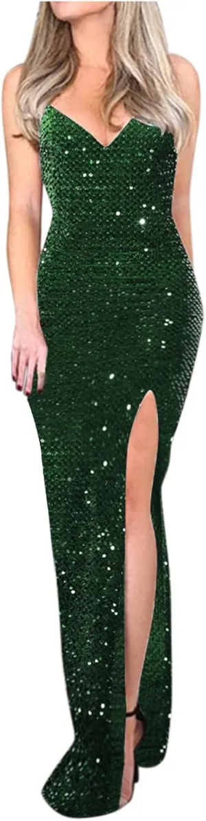 Spaghetti Straps Sequin Prom Dresses Long Mermaid Glitter Backless Evening Party Gowns Slit Wedding Guests Dresses
