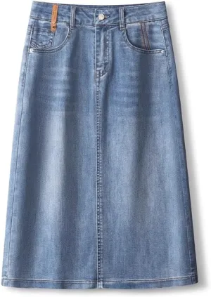 Split Denim Skirt Women's High-Waisted Slimming Stretch Straight Skirt with Hip Wrap