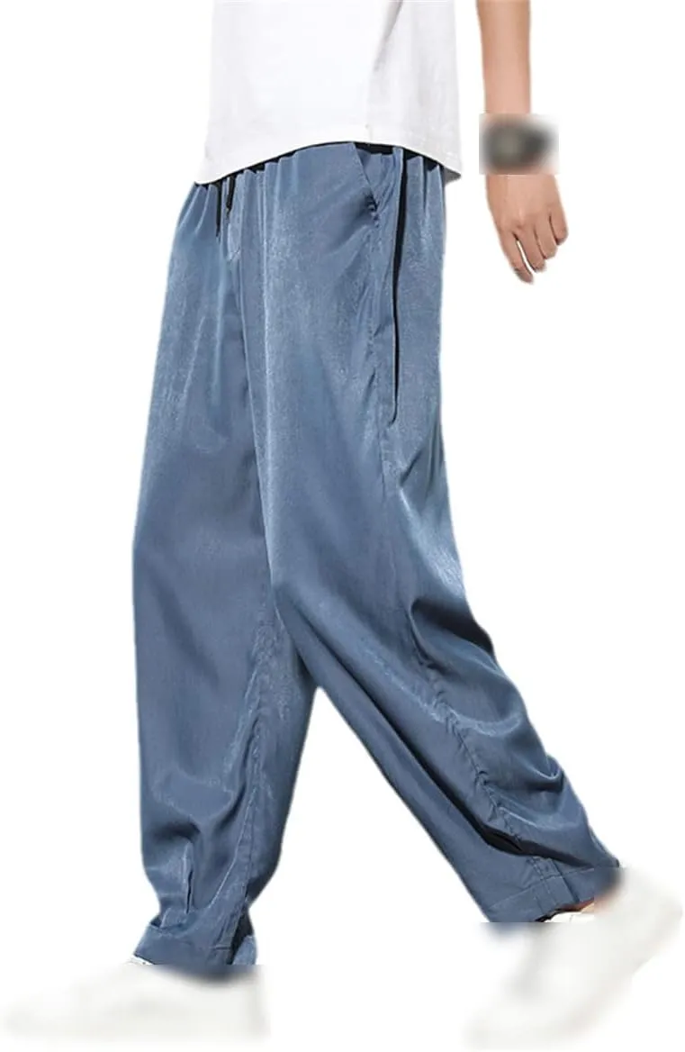 Spring Summer Men Thin Ice Silk Pants Casual Fit Stretch Solid Color Breathable Trousers Waist Harem Pants