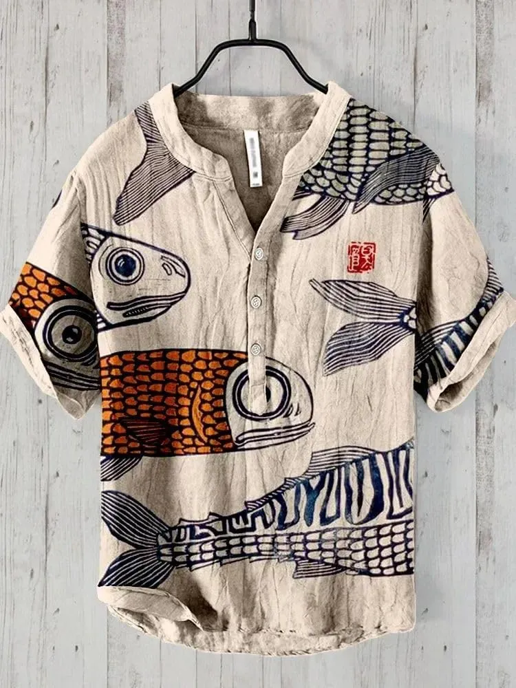 Spring/Summer Shirts Chinese Leisure Fish Pattern Hawaiian Style Printed Shirt Men's Top