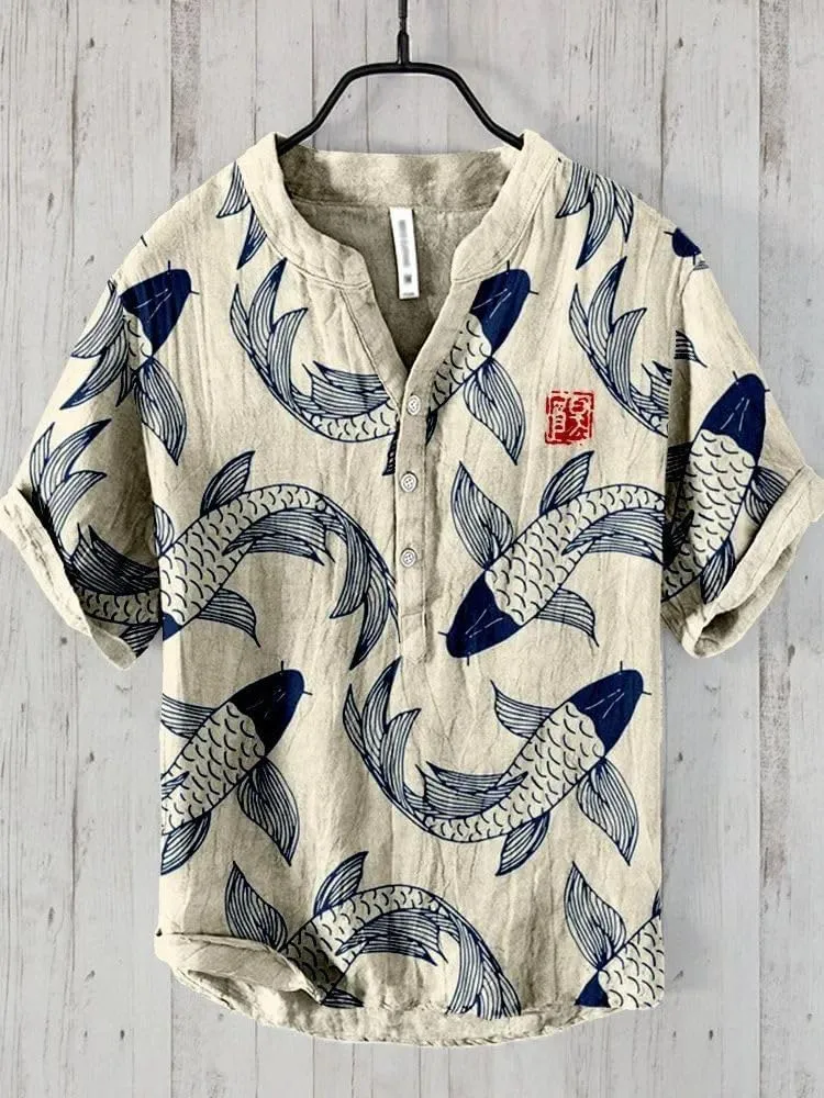 Spring/Summer Shirts Chinese Leisure Fish Pattern Hawaiian Style Printed Shirt Men's Top