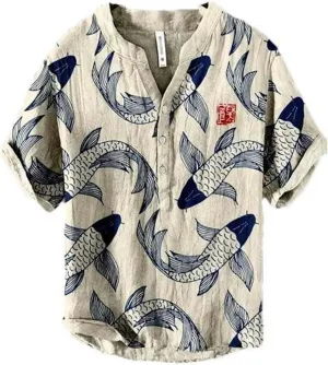 Spring/Summer Shirts Chinese Leisure Fish Pattern Hawaiian Style Printed Shirt Men's Top