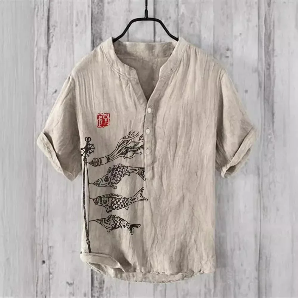 Spring/Summer Shirts Chinese Leisure Fish Pattern Hawaiian Style Printed Shirt Men's Top