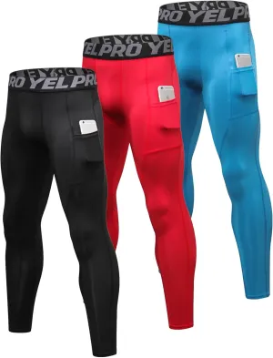 SPVISE 3 Pack Men's Compression Pants Leggings Running Tights with Pockets Cool Dry Workout Base Layer Athletic Gym Pants
