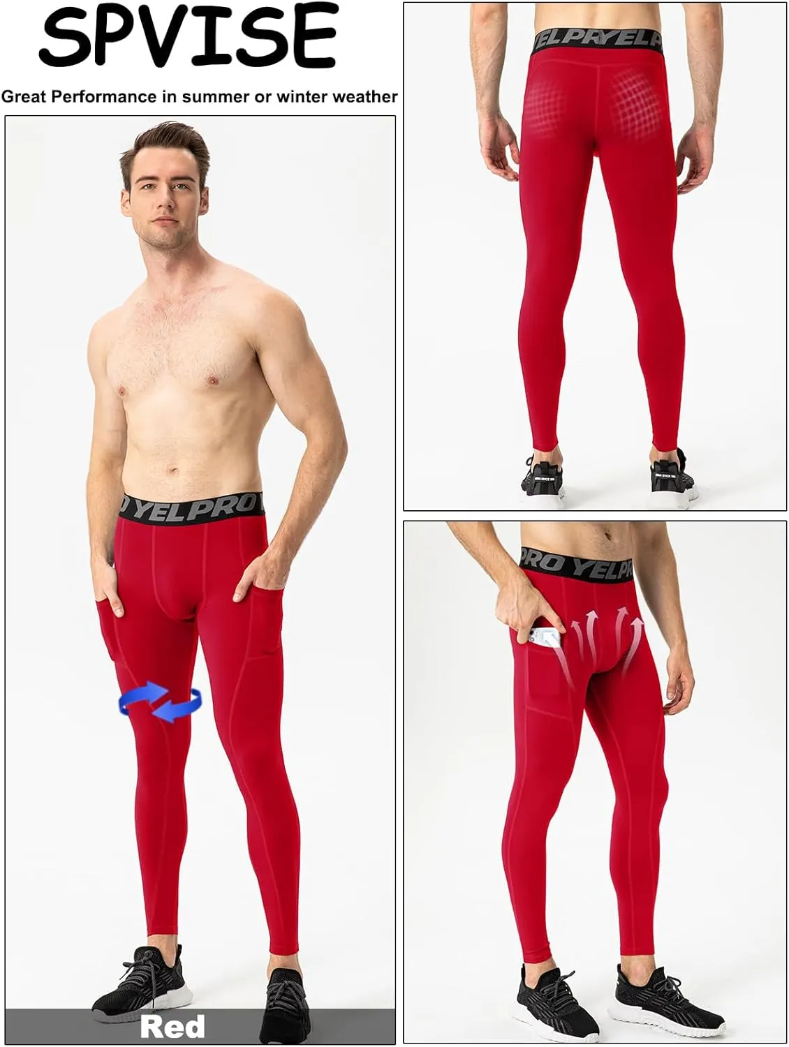SPVISE 3 Pack Men's Compression Pants Leggings Running Tights with Pockets Cool Dry Workout Base Layer Athletic Gym Pants