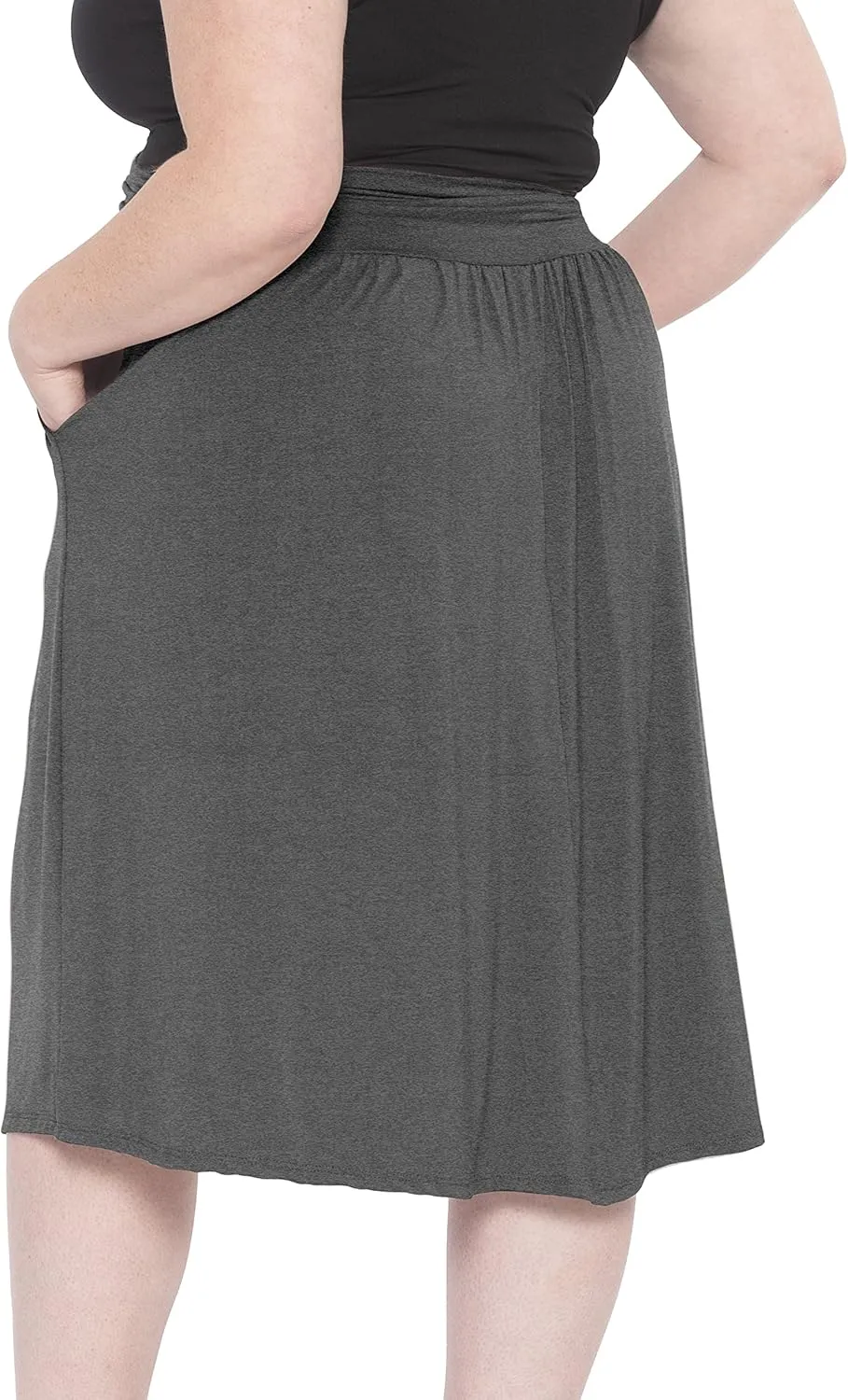 STRETCH IS COMFORT Womens and Plus Size Casual Ruched Below Knee Length Midi Skirt with Pockets