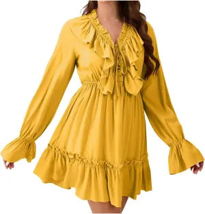 Summer Boho Ruffle Tiered Layered Mini Dress for Women Long Bell Sleeve V Neck Flowy A-line Dresses for Beach Holiday