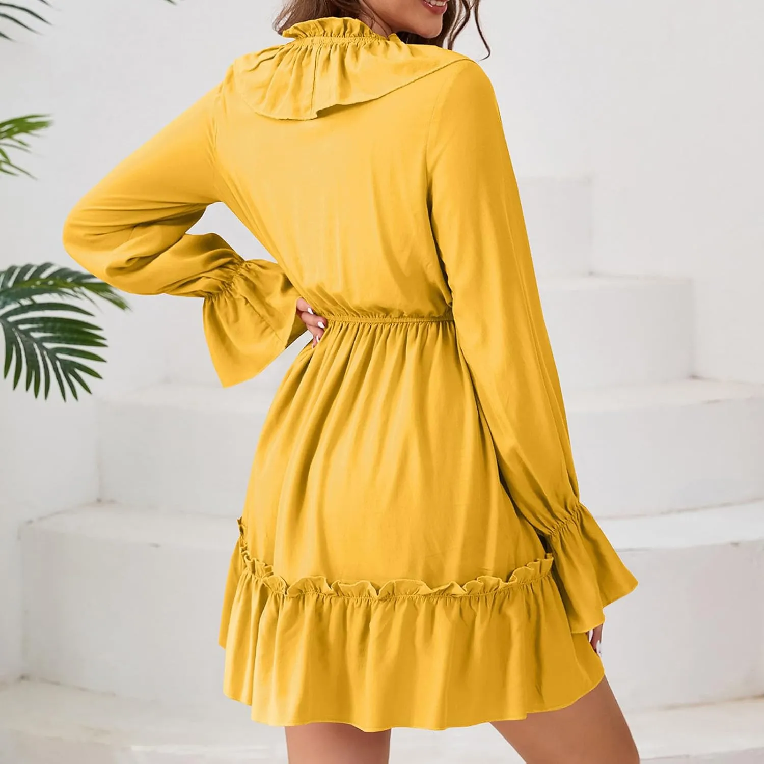 Summer Boho Ruffle Tiered Layered Mini Dress for Women Long Bell Sleeve V Neck Flowy A-line Dresses for Beach Holiday