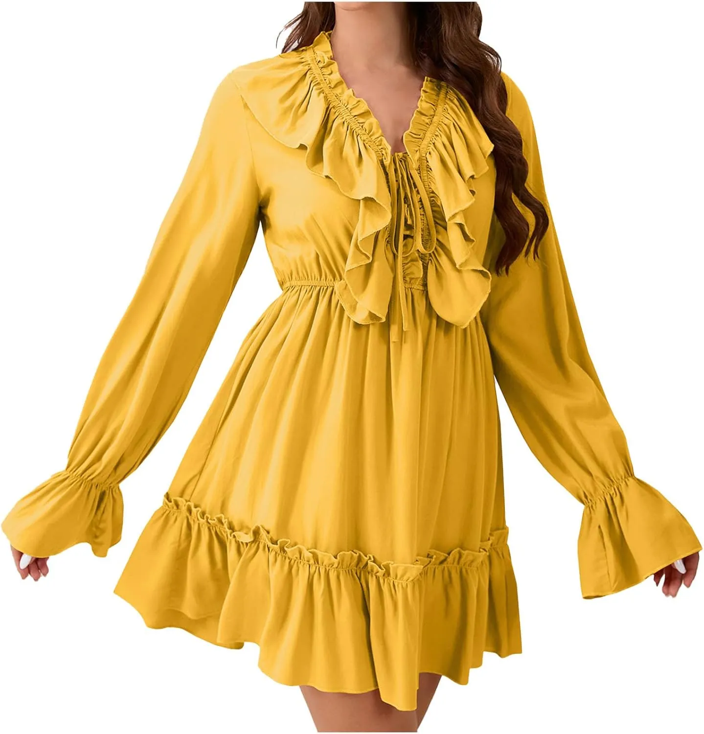 Summer Boho Ruffle Tiered Layered Mini Dress for Women Long Bell Sleeve V Neck Flowy A-line Dresses for Beach Holiday