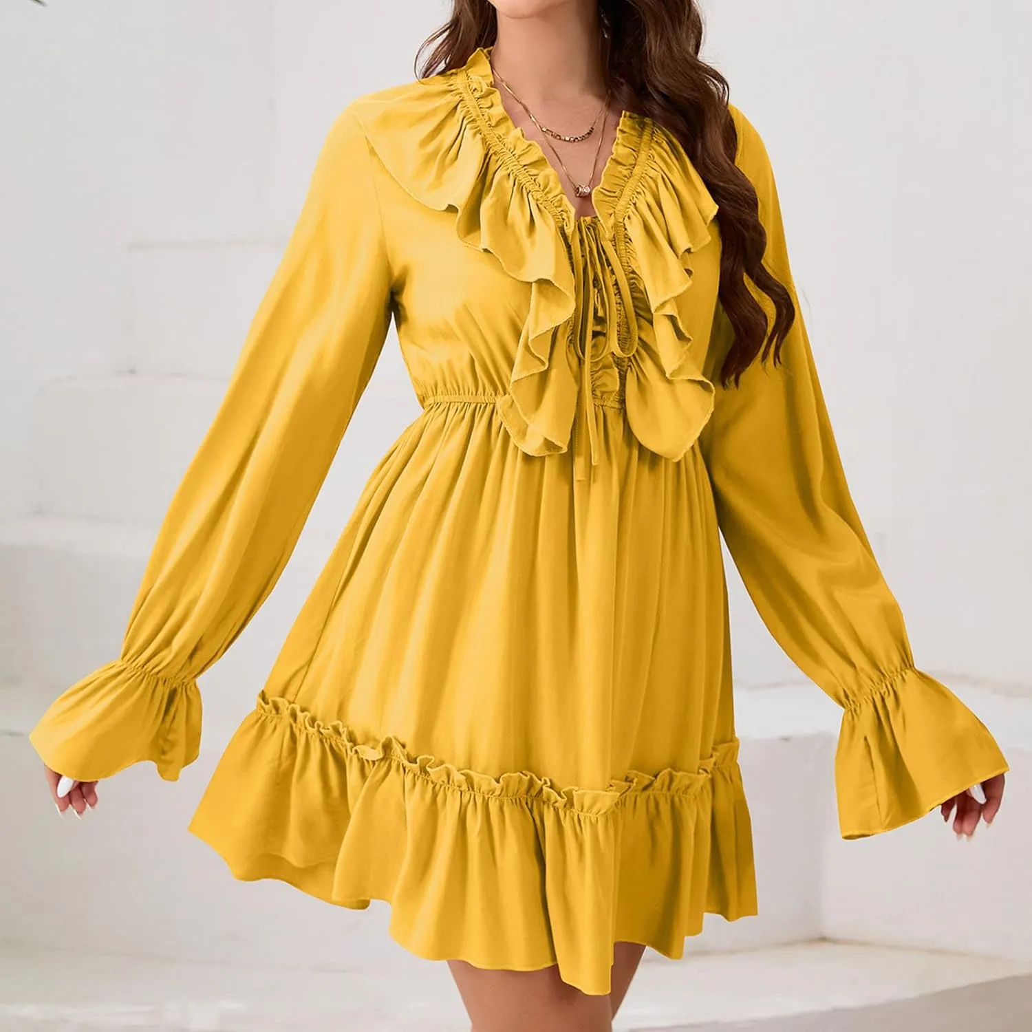 Summer Boho Ruffle Tiered Layered Mini Dress for Women Long Bell Sleeve V Neck Flowy A-line Dresses for Beach Holiday