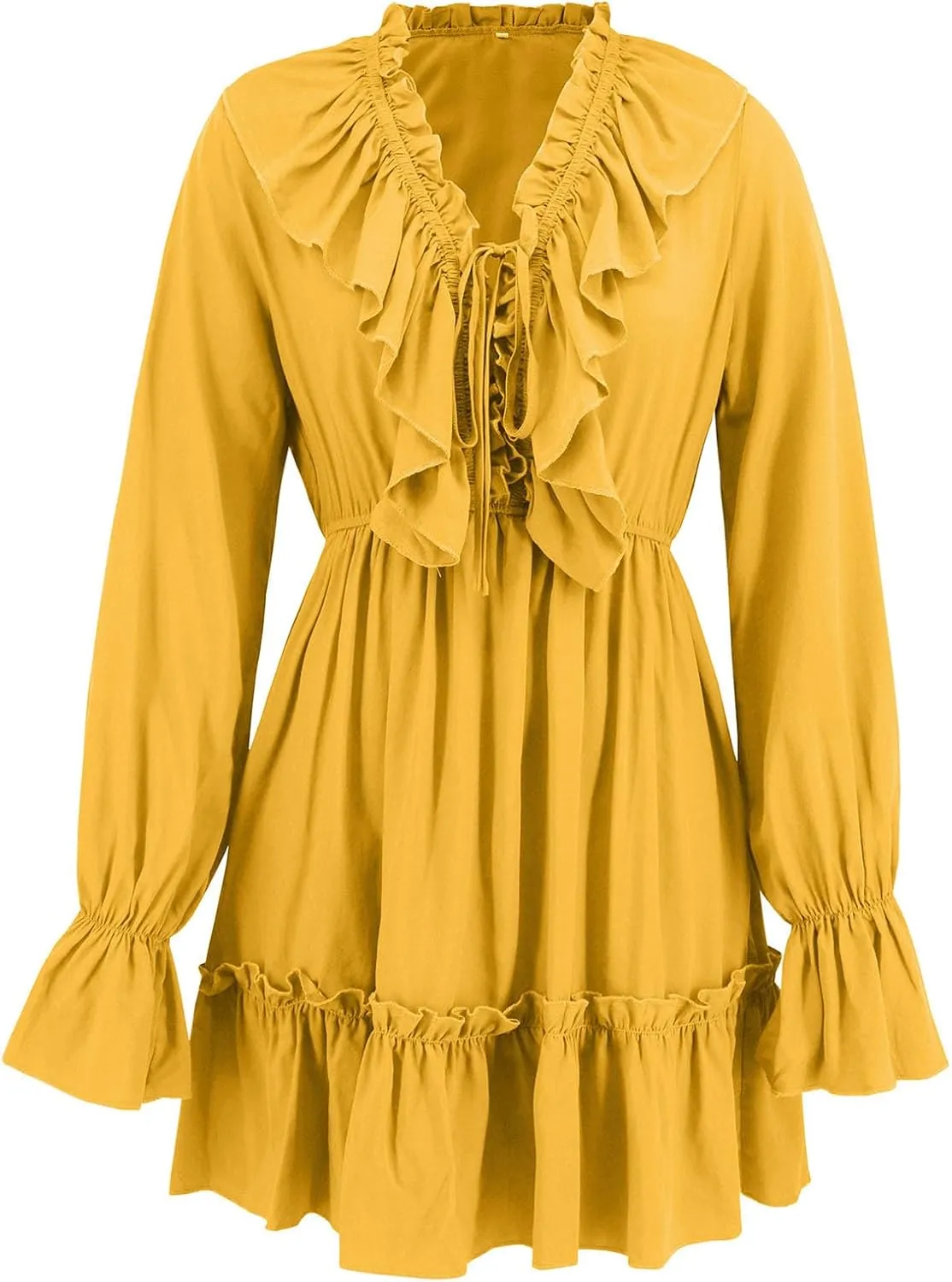 Summer Boho Ruffle Tiered Layered Mini Dress for Women Long Bell Sleeve V Neck Flowy A-line Dresses for Beach Holiday