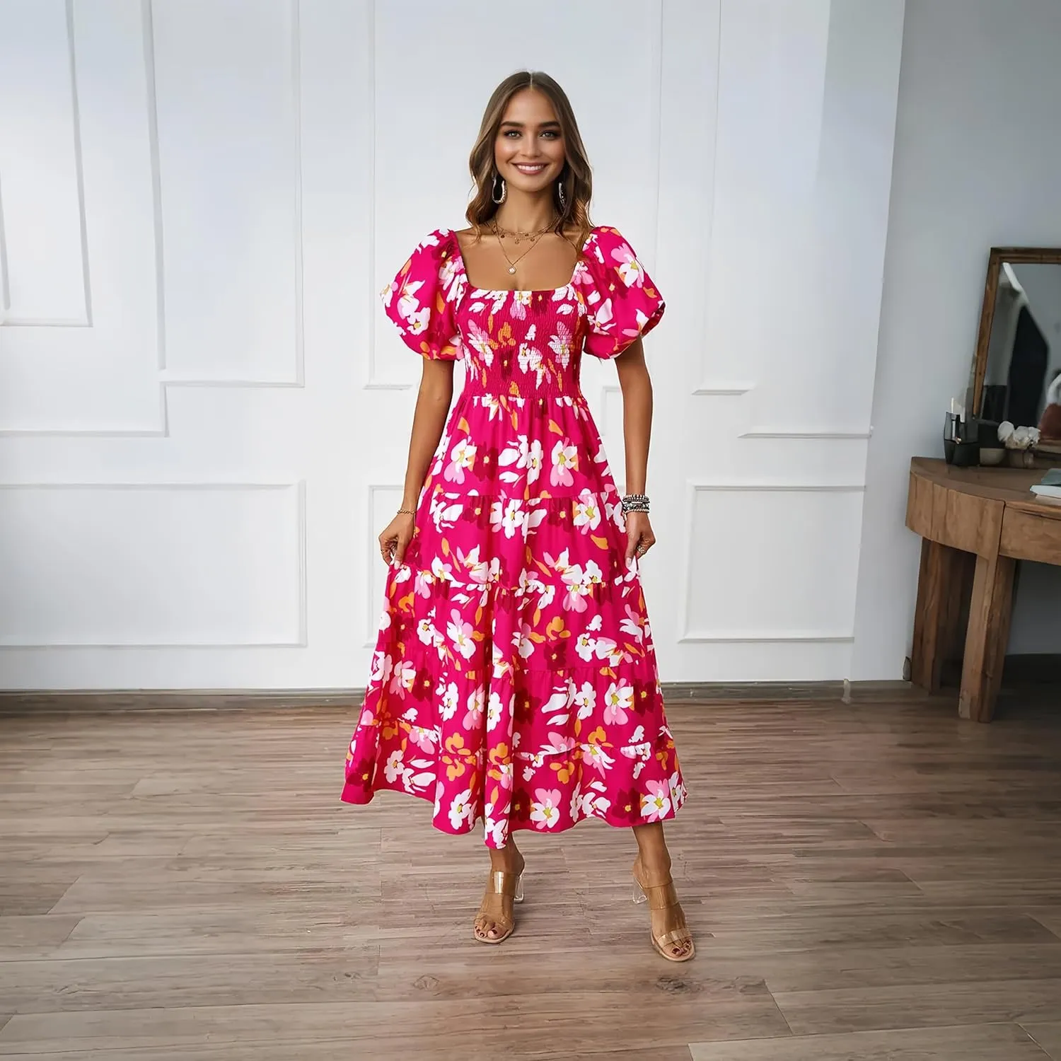 Summer Bright Floral Dress for Women 2025 - Versatile Square Neck or Off-Shoulder with Puff Sleeve for Casual, Beach