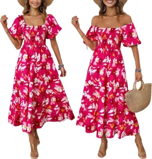 Summer Bright Floral Dress for Women 2025 - Versatile Square Neck or Off-Shoulder with Puff Sleeve for Casual, Beach