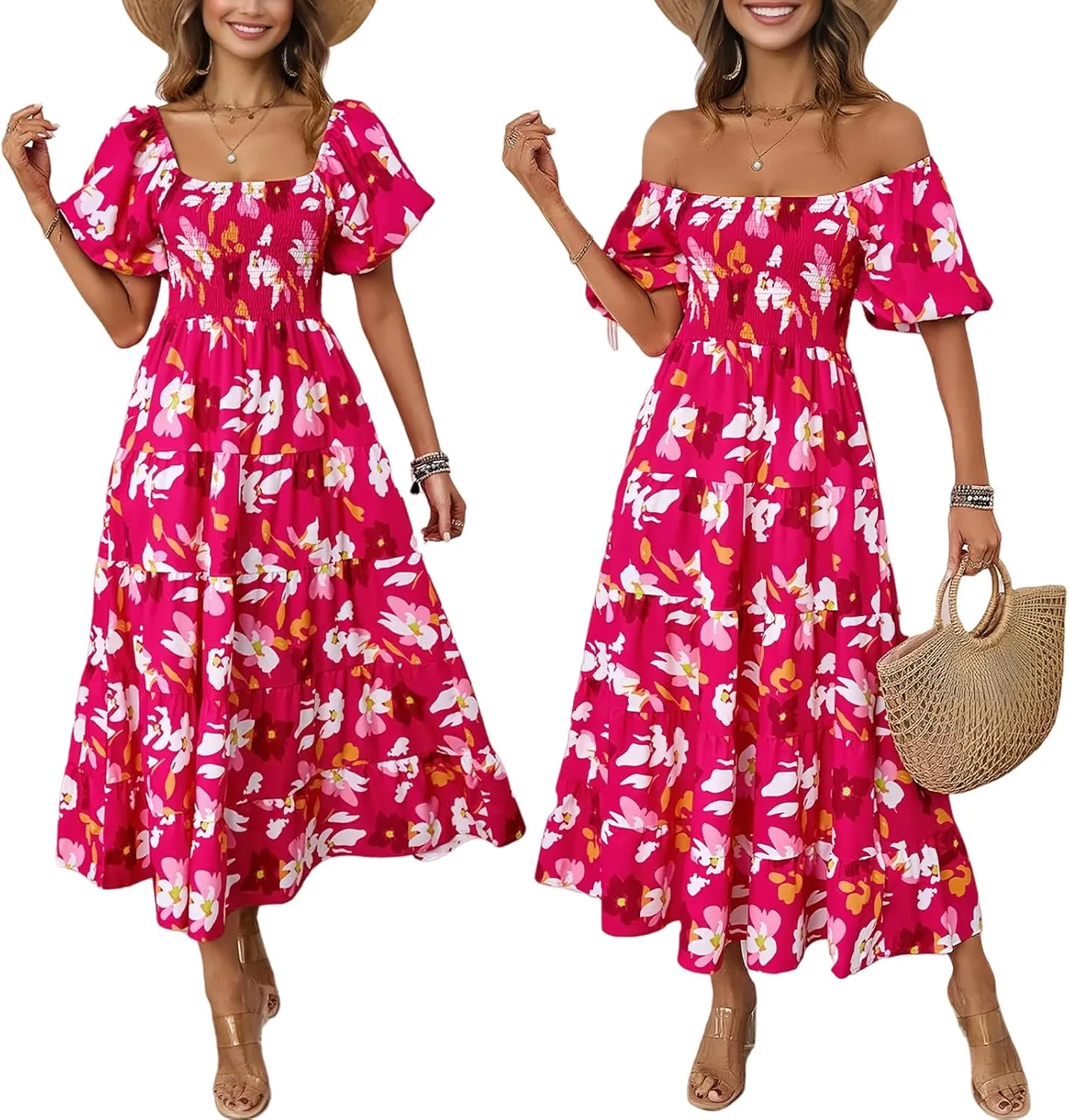 Summer Bright Floral Dress for Women 2025 - Versatile Square Neck or Off-Shoulder with Puff Sleeve for Casual, Beach