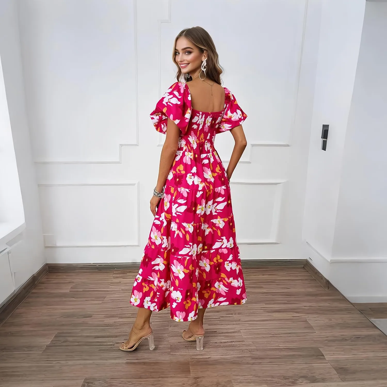 Summer Bright Floral Dress for Women 2025 - Versatile Square Neck or Off-Shoulder with Puff Sleeve for Casual, Beach