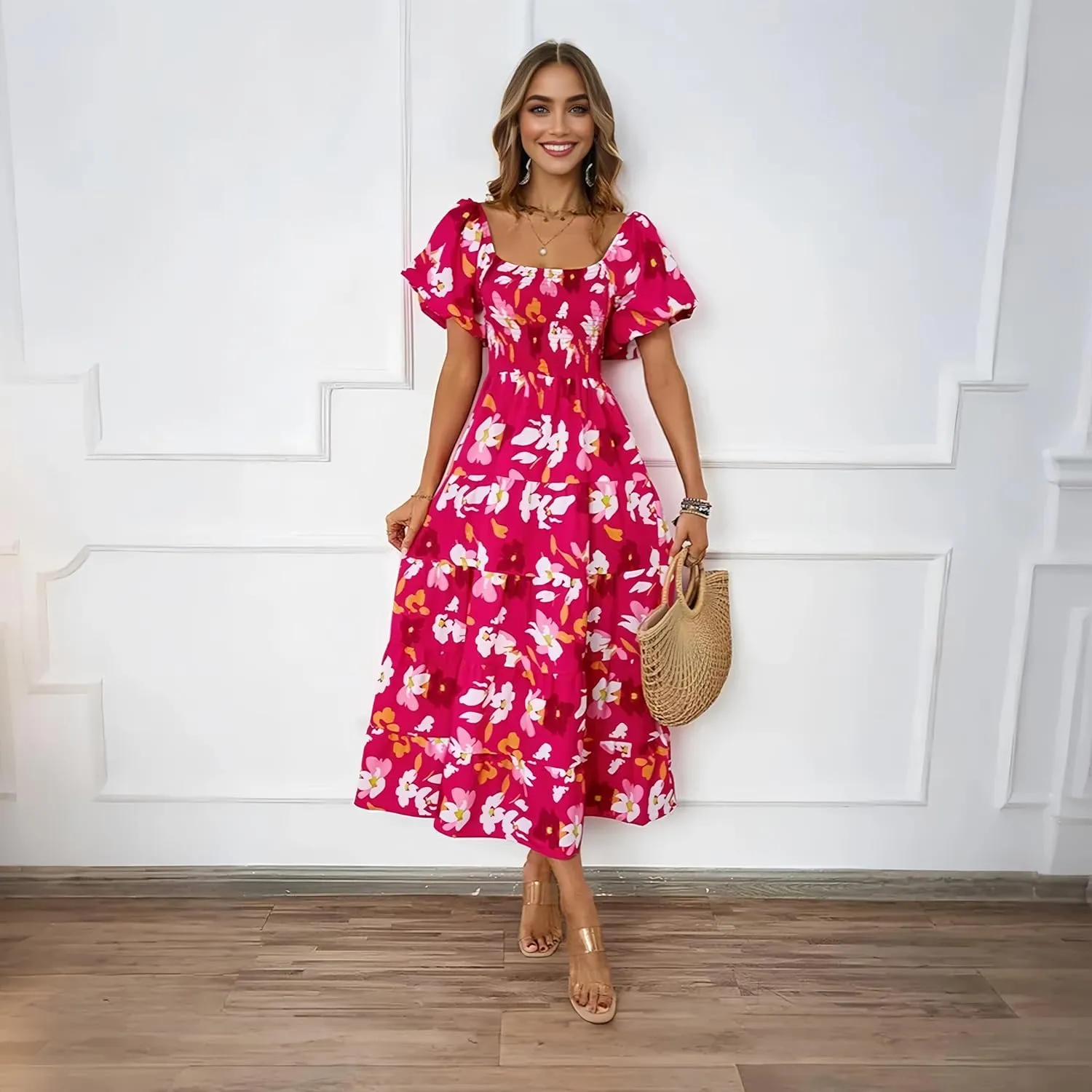 Summer Bright Floral Dress for Women 2025 - Versatile Square Neck or Off-Shoulder with Puff Sleeve for Casual, Beach