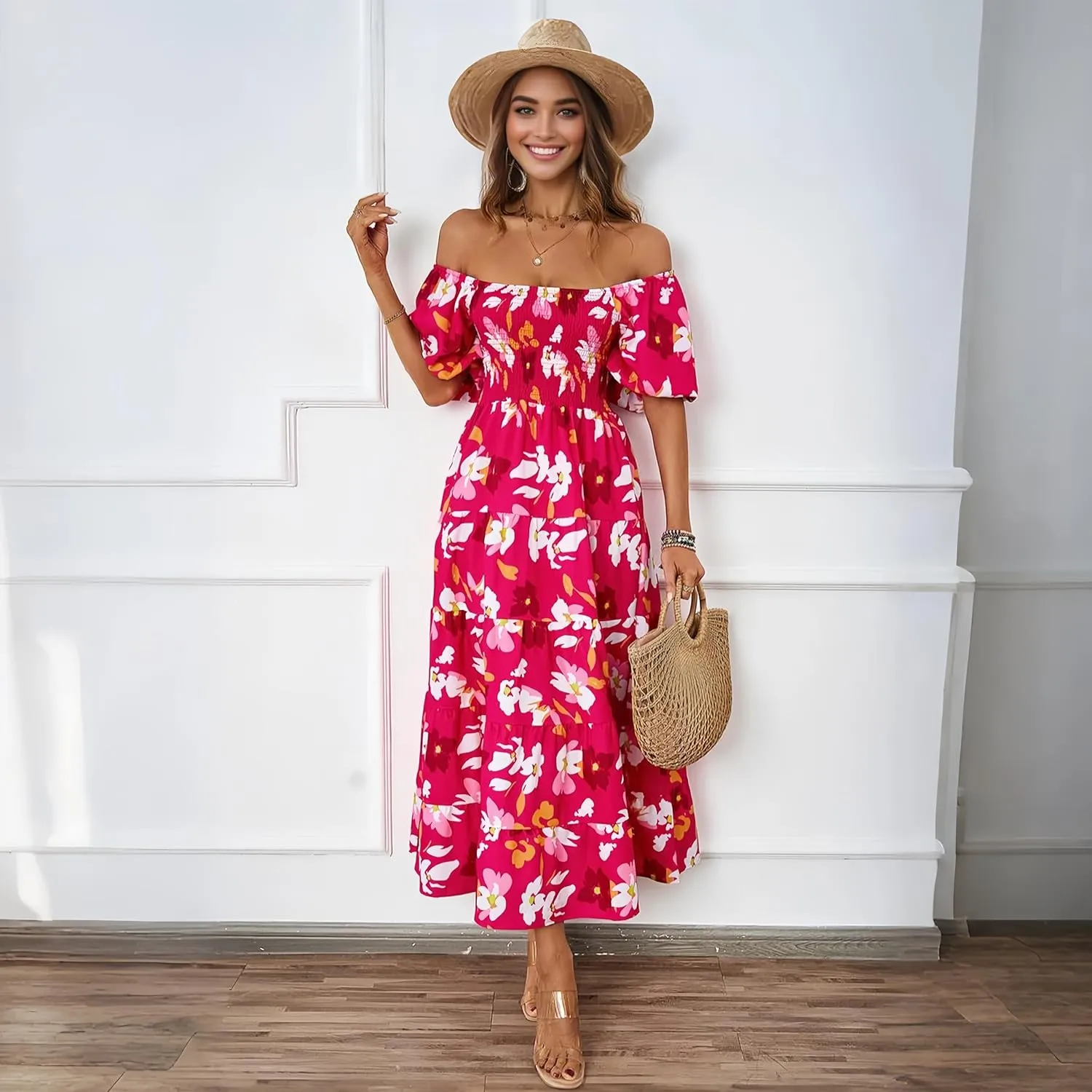 Summer Bright Floral Dress for Women 2025 - Versatile Square Neck or Off-Shoulder with Puff Sleeve for Casual, Beach