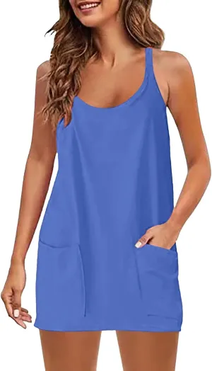 Summer Dresses Shirt for Women Sleeveless Mini V Neck Dress Spaghetti Strap Sundress Athletic Short Dress With Pockets