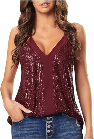 Summer Women Casual Camisole Sexy V Neck Sequins Strappy Tank Top Vest Sleeveless Solid Color Blouse