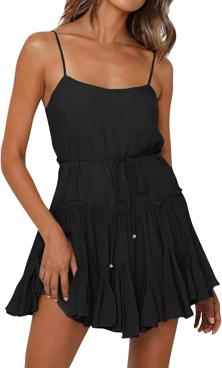 Sundresses for Women Summer Spaghetti Strap Tie Waist Ruffle Mini Dress A Line Flowy Tiered Dress Vacation Dresses