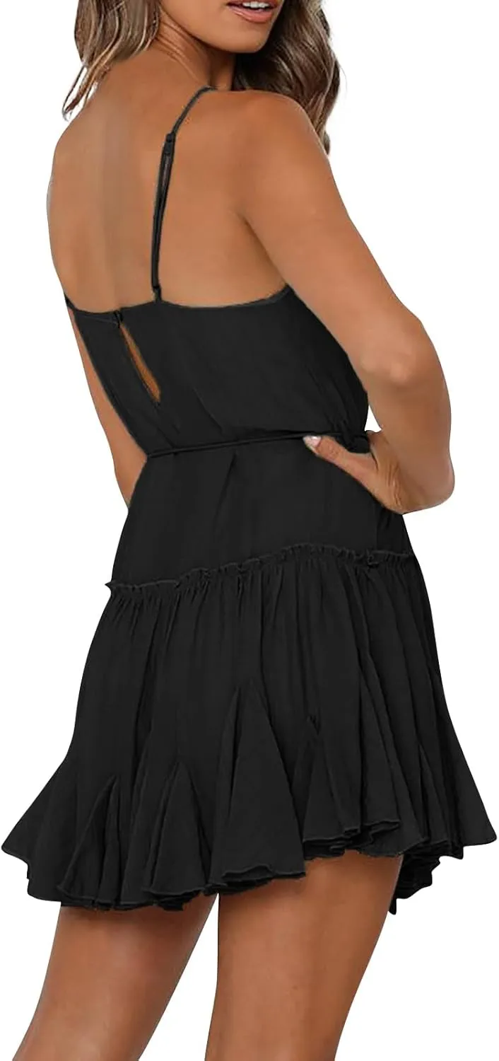 Sundresses for Women Summer Spaghetti Strap Tie Waist Ruffle Mini Dress A Line Flowy Tiered Dress Vacation Dresses